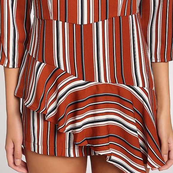 . Lush Fall For You Rust Orange/Red Striped Romper - Picture 2 of 10